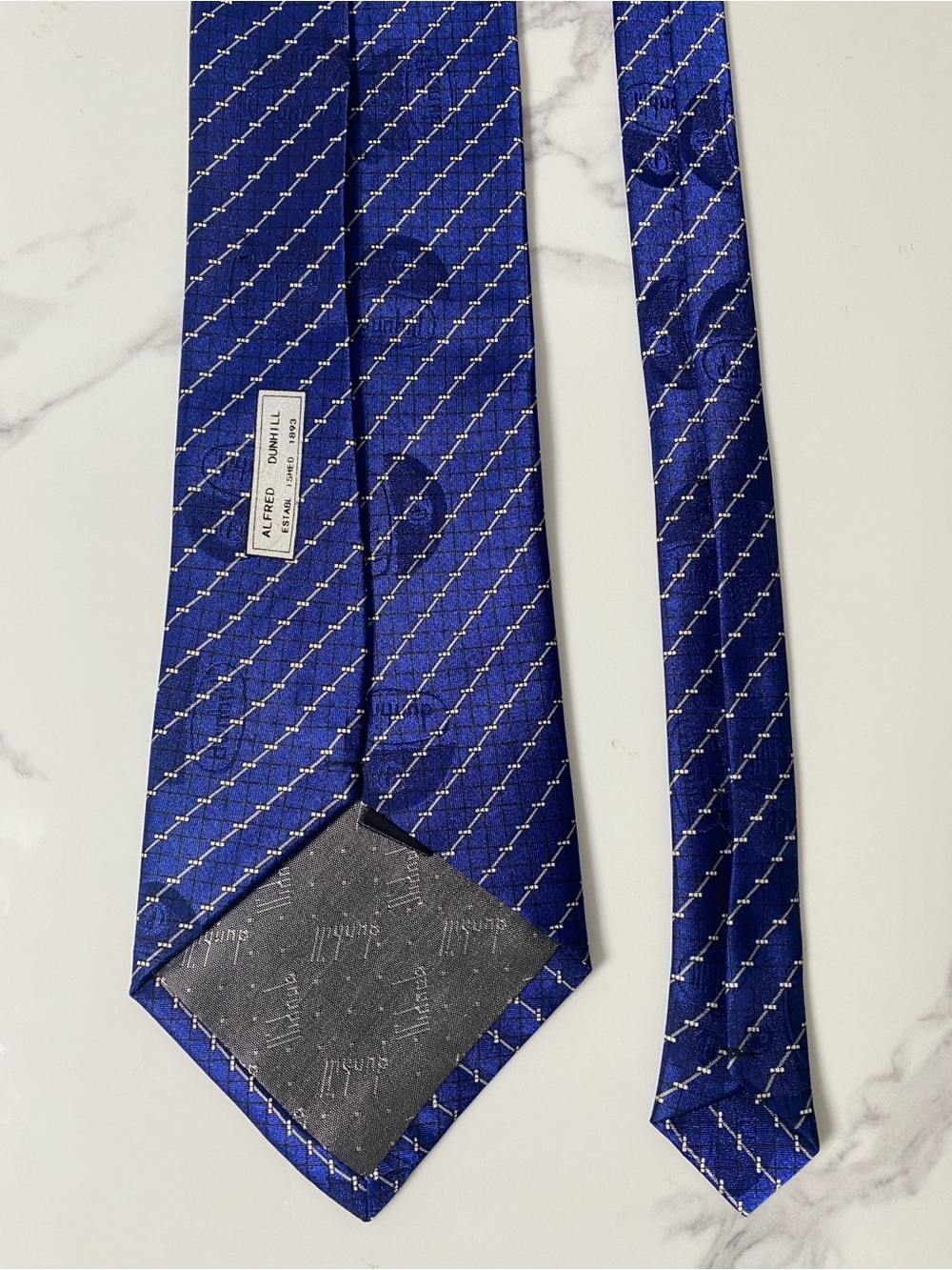Alfred‎ Dunhill Blue Silk Tie Geometric Grid Pattern Handmade Luxury Necktie